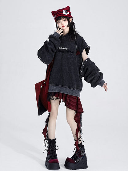 Detachable Sleeves with Black Hoodie Lettering Embroidered Vintage