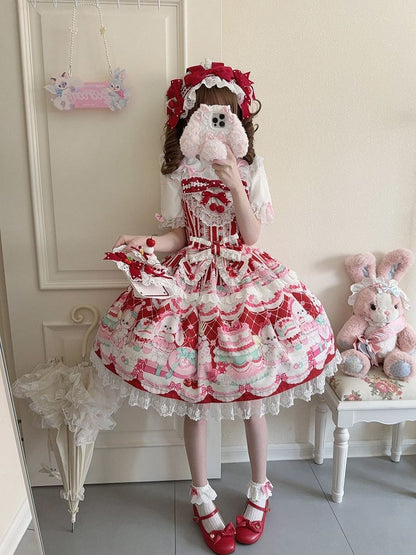 Crimson Bunny Cherry Print Sweet Lolita Jumper Dress - Miss Han