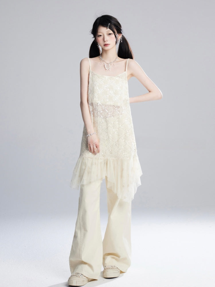 Aprikosenfarbene, bodenlange Hose mit weitem Bein und niedriger Taille