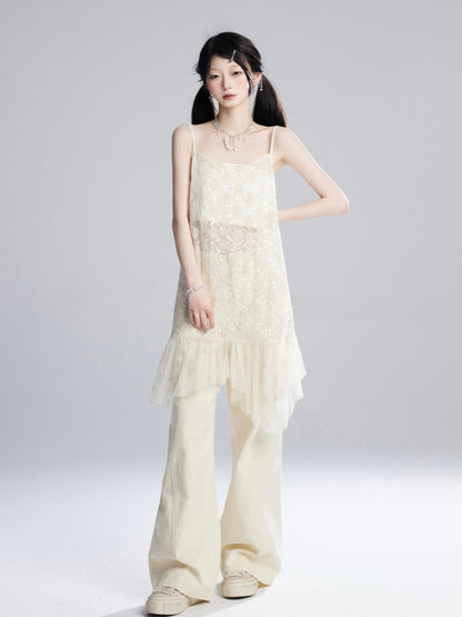 Aprikosenfarbene, bodenlange Hose mit weitem Bein und niedriger Taille