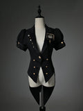 Black Blazer Collar Short Puff Sleeve Split-Tail Top