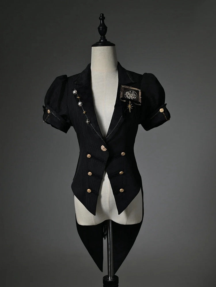 Black Blazer Collar Short Puff Sleeve Split-Tail Top