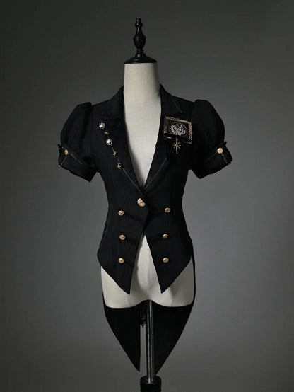 Black Blazer Collar Short Puff Sleeve Split-Tail Top