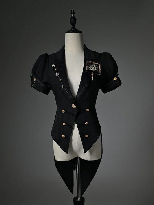 Black Blazer Collar Short Puff Sleeve Split-Tail Top