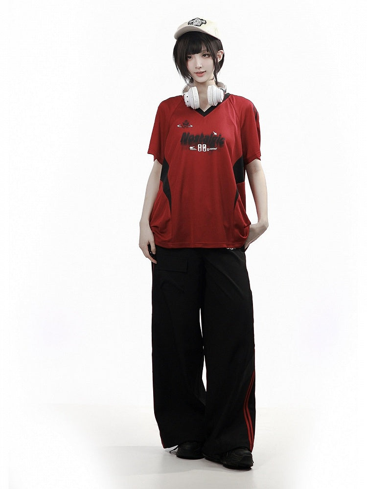 Athletic Red & Black V-Neck Tee with Letter Graphic