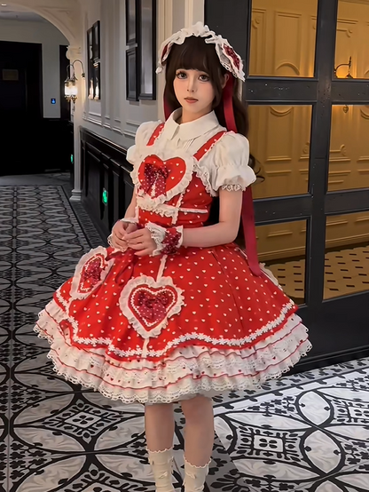 Red Heart Dress and with Sweet Lolita Bows Lace-Trimmed Motifs White