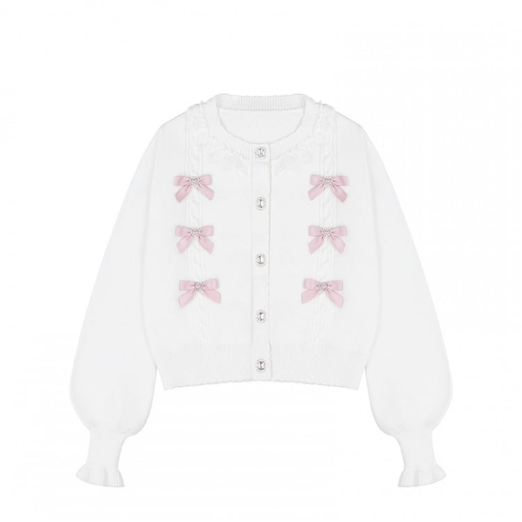 Rhinestone Pink White Jirai Square Button Cardigan with Knit Bows Front Kei