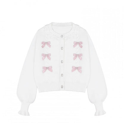 Rhinestone Pink White Jirai Square Button Cardigan with Knit Bows Front Kei