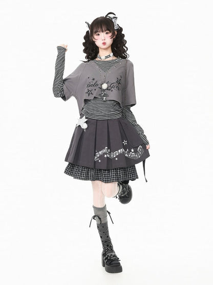 Gray V-Neck Short Sleeve Cropped Hooded Shirt with Letter Embroidery - Languid Park