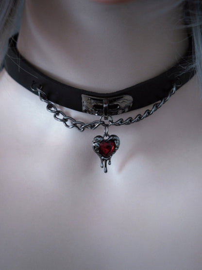 Red Rhinestone Heart-shaped Choker PU Pendant Black