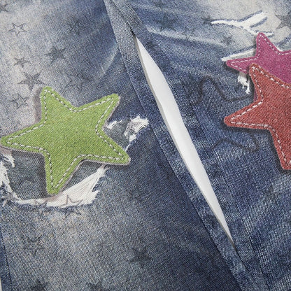 Vintage Kawaii Blue Star Print Flare Jeans - Languid Park