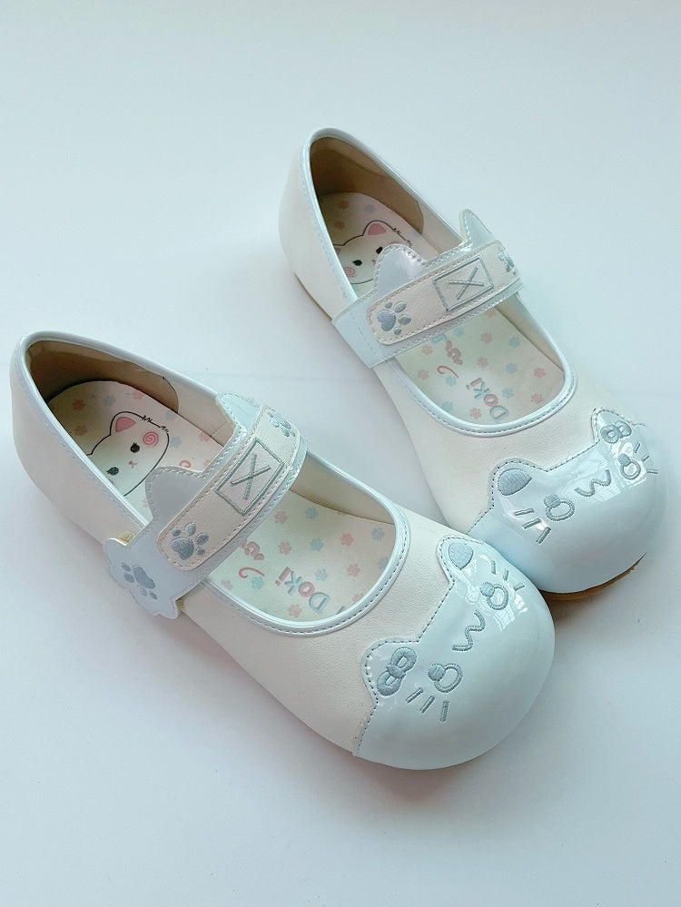 Flat Kitty Closures Paw Lolita Accent Strap Ear in PU Sweet Blue Shoes Velcro Details