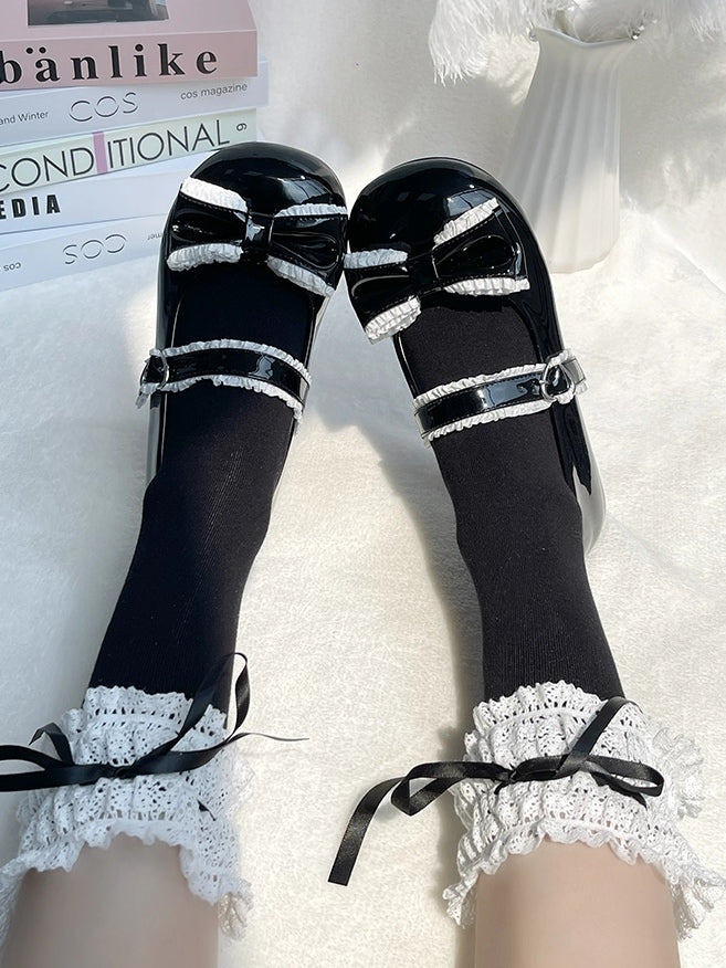 Shoes Toe Low-heel Round Sweet Black Ruffles - Trim