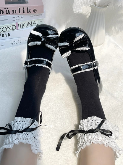 Shoes Toe Low-heel Round Sweet Black Ruffles - Trim