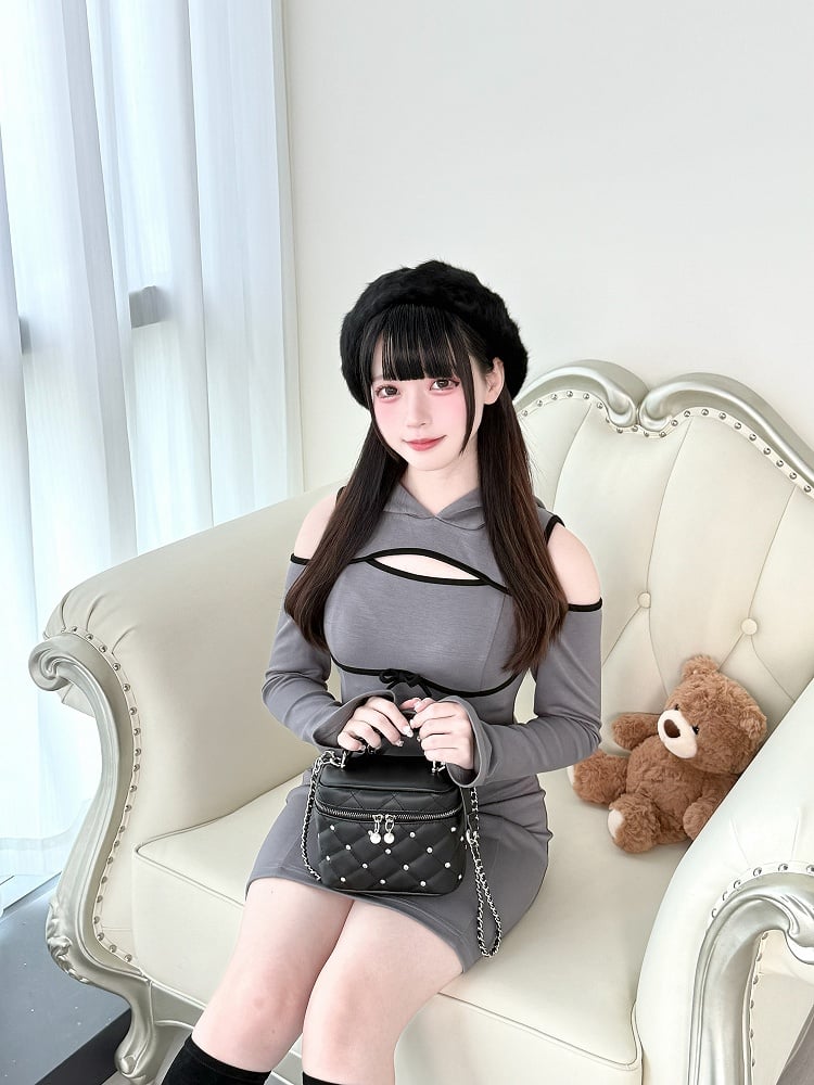 Jirai Hoodie Schulter Grau Daywear Cutout Kei Über Dem Knie - Brust Kleid