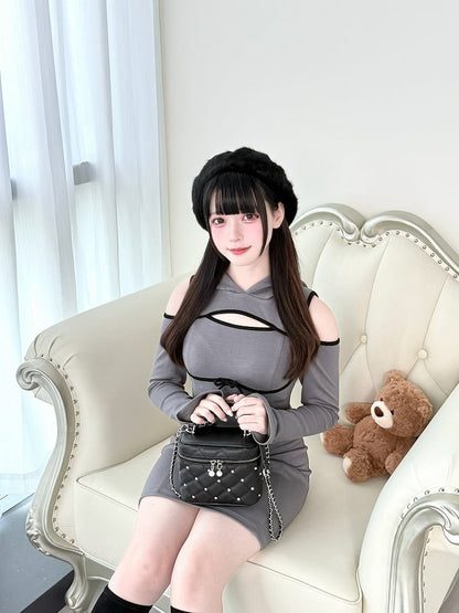 Jirai Hoodie Schulter Grau Daywear Cutout Kei Über Dem Knie - Brust Kleid