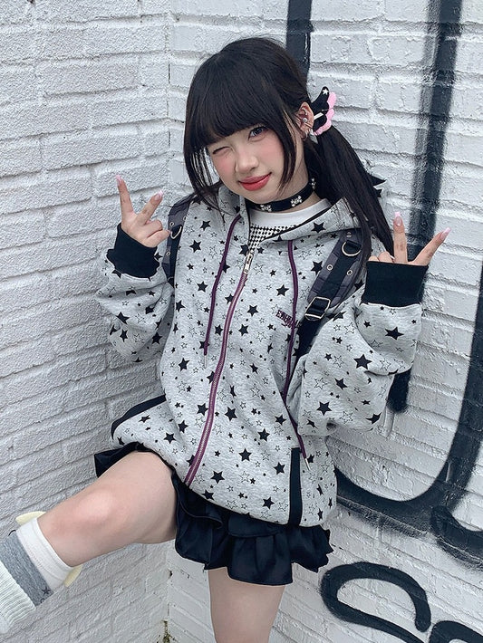 Y2K Gray Zip-Up Hoodie with Star Print - Solkatt