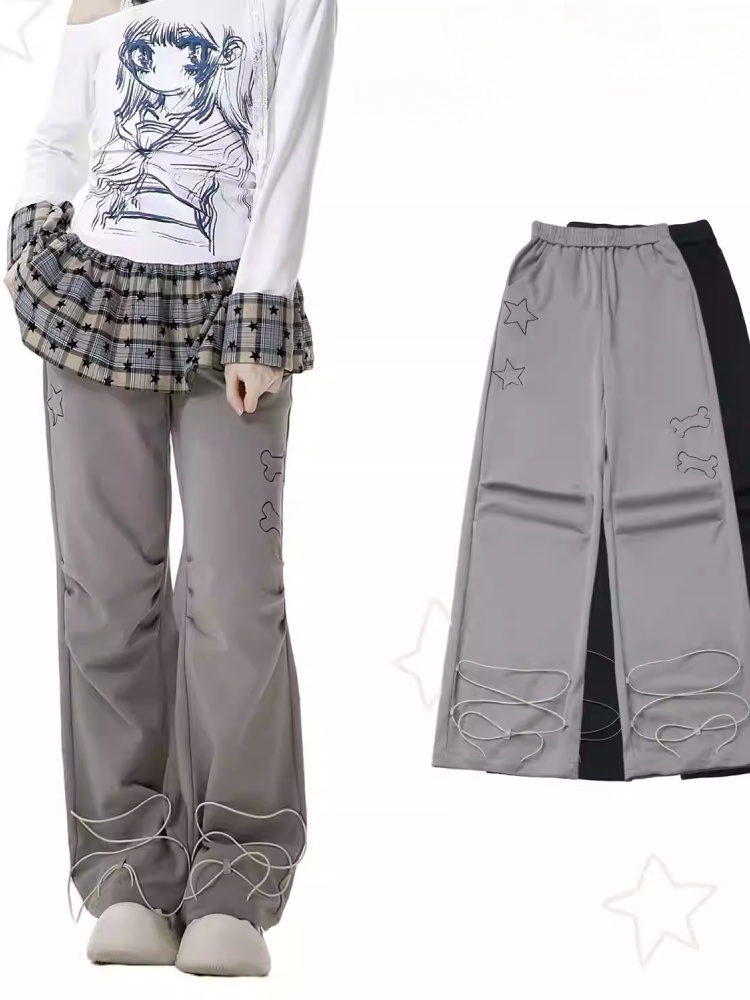 Pants Straight-leg Black/Gray Bittersweet Bone and Star Embroidery Cuffs Drawstring
