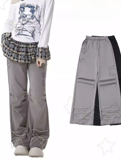 Pants Straight-leg Black/Gray Bittersweet Bone and Star Embroidery Cuffs Drawstring