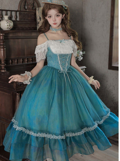 Teal Flutter-Sleeve JSK Dress with Lace-Up Back and Tiered Skirt - With PUJI