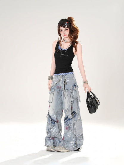 Tank Top Black and Blue Plaid Faux Two-pieces Slim-fitting