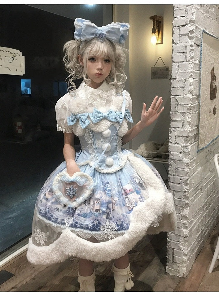 Penguin & Snow Print Lolita Jumper Skirt, Asymmetrical Overlay & Fluffy Detail - Lineall Cat