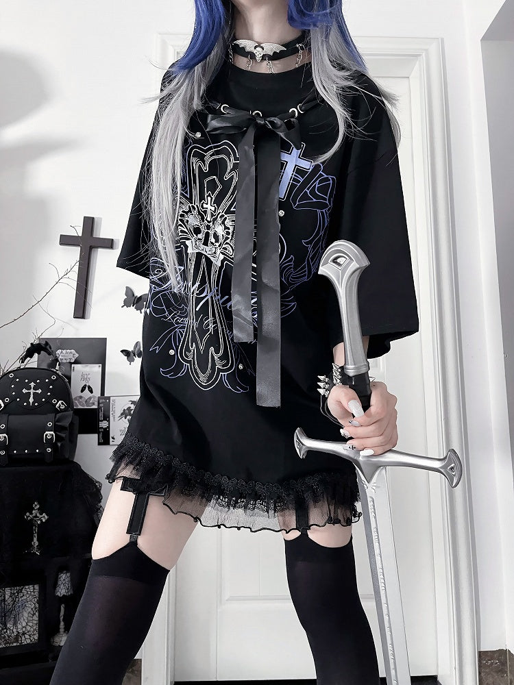 T-Shirtwith Letter Gothic Cotton Black Bow Ribbon Print NecklinePurple