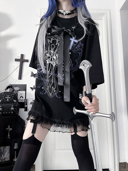 T-Shirtwith Letter Gothic Cotton Black Bow Ribbon Print NecklinePurple