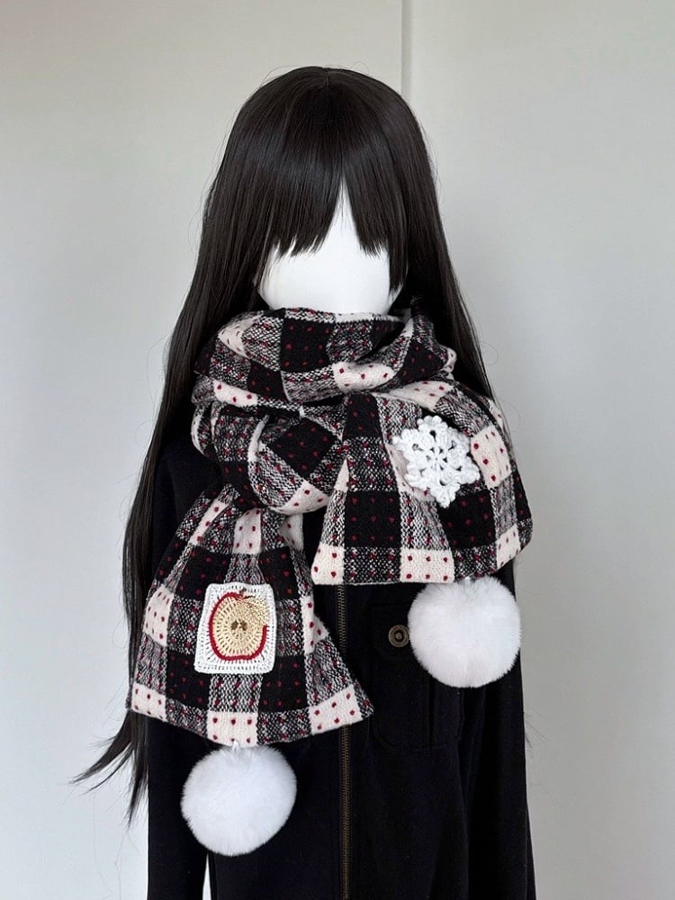 Plaid Kawaii Scarf with White Pom-Pom Trim - freetrader