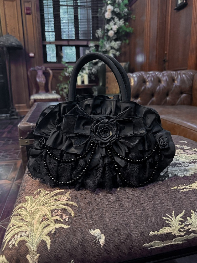 Floral Lace Gothic Black Handbag with Beads - Widow-maker