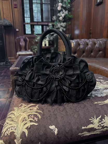 Floral Lace Gothic Black Handbag with Beads - Widow-maker