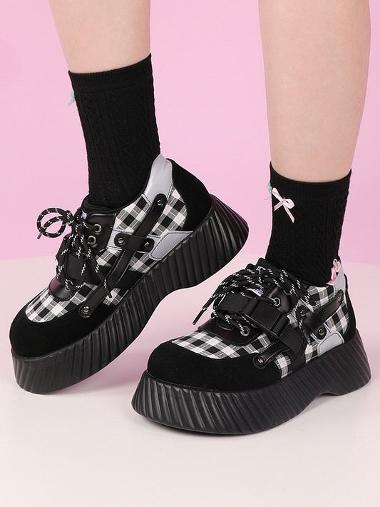 Closure Lace-up with Pattern Punk Platforms Plaid Black
