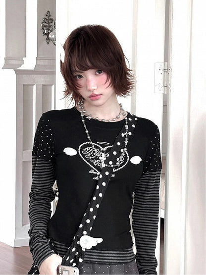 Heart Gray Striped Two-pieces Print with Top Faux Corss Black