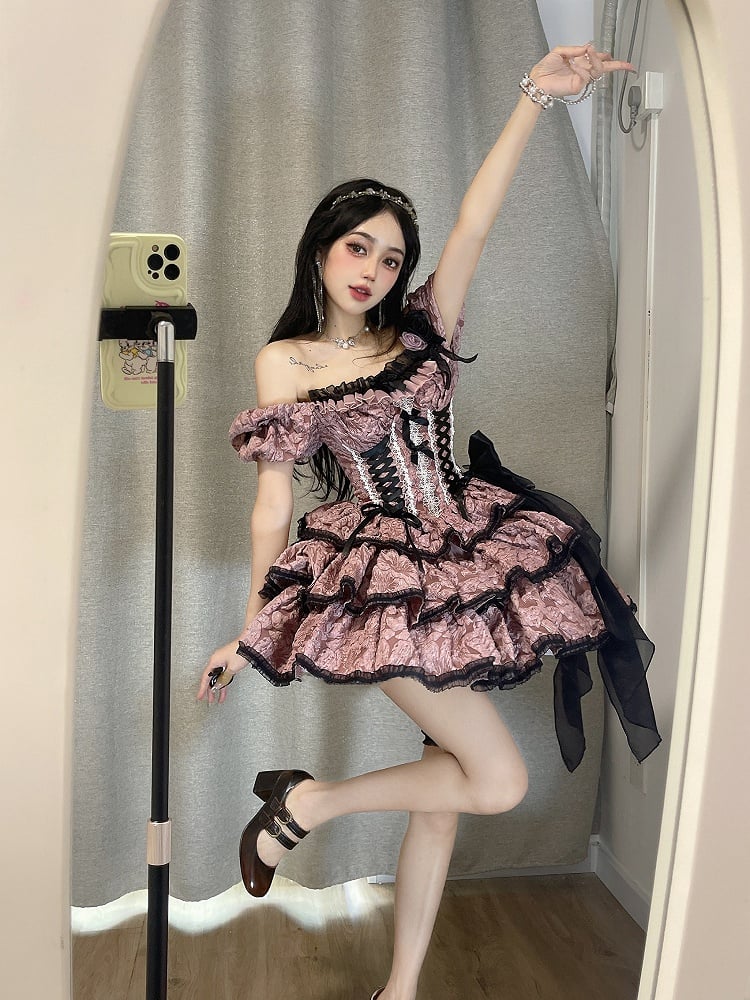 and Pink Floral Skirt with Dark Black Lolita Multi-Layered Dress OP Texture