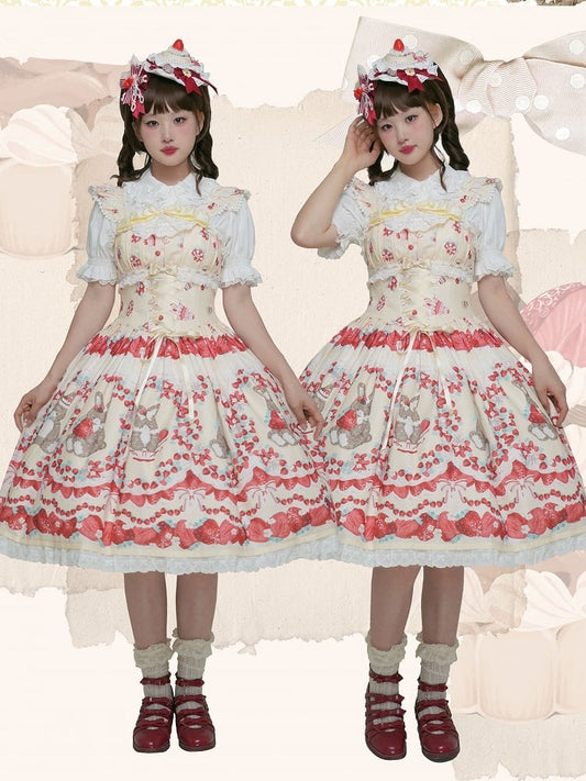 Rock Lolita-Kleid Ärmel vorne flattern Erdbeer- und Hasendruck Schnürung Country Cottagecore Gelber Pullover