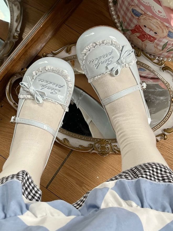 Trim Flats Toe Round PU Ruffles Embroidery Letter Blue Baby Leather