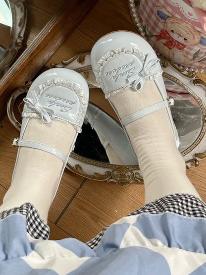 Trim Flats Toe Round PU Ruffles Embroidery Letter Blue Baby Leather