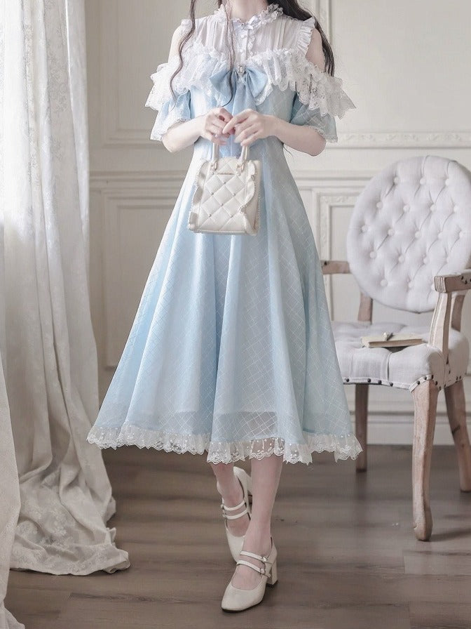 Blue Off-Shoulder Short Sleeve Chiffon Dress with Bow and Lace - Walnut JK