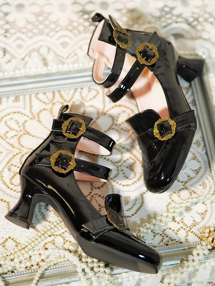 Black Triple Rose with Elegant Delicate Janes - Polished Accents Buckle Lolita Mary Design