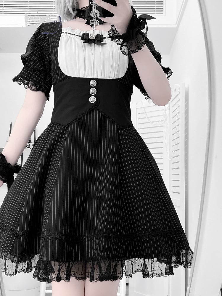 Dress Black Full Striped Waist Jirai Kei Set Corset Belt Design at with