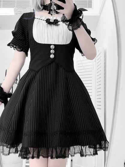 Dress Black Full Striped Waist Jirai Kei Set Corset Belt Design at with