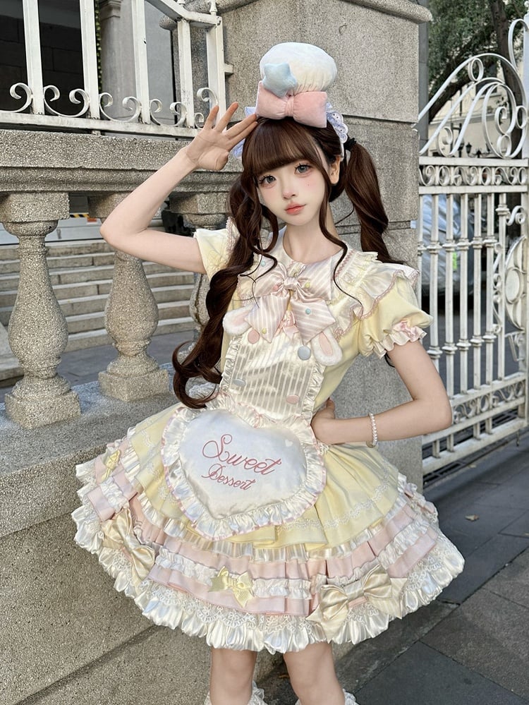 Ärmeln Gelb Lolita Kleid Süße Maid Thema Bunny Puff Rosa und