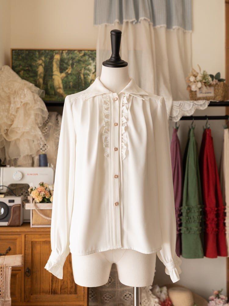 White Long-Sleeve Shirt with Double-Layered Pointed Collar