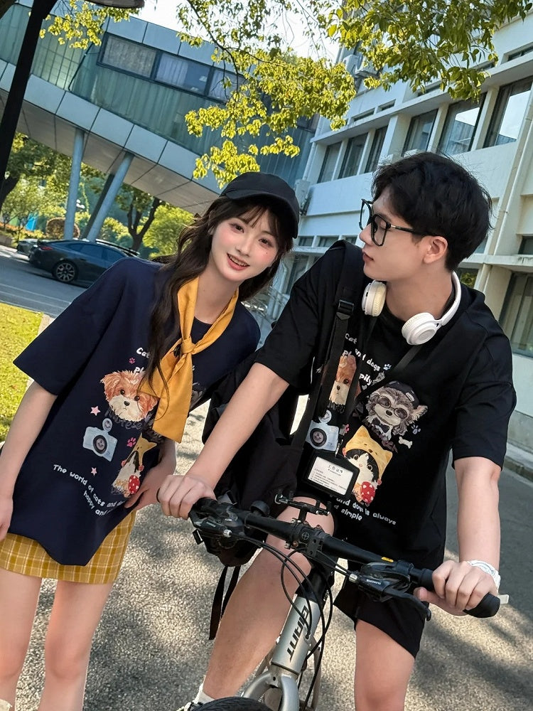 ホワイト/ブラック/ダークブルー ラウンドネック 子犬と子猫プリント ルーズTシャツ