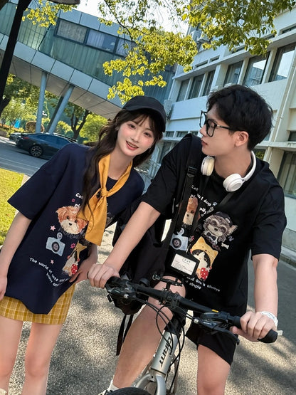 ホワイト/ブラック/ダークブルー ラウンドネック 子犬と子猫プリント ルーズTシャツ