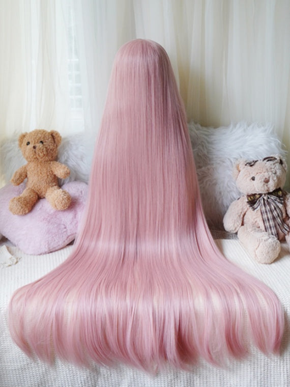 Dunkelbraun/Blond/Pink, lange, glatte Perücke mit vollem Pony