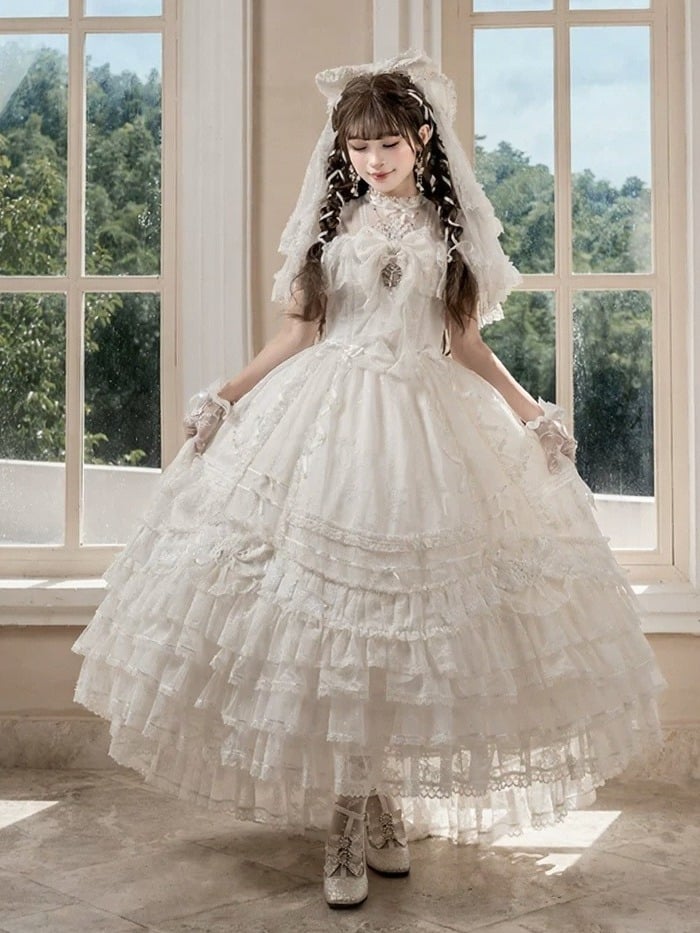 Ivory Floral Embroidered Lolita Gown with Lace Trim and Bow Train - Mademoiselle Pearl