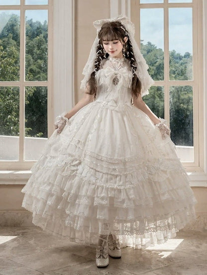 Ivory Floral Embroidered Lolita Gown with Lace Trim and Bow Train - Mademoiselle Pearl