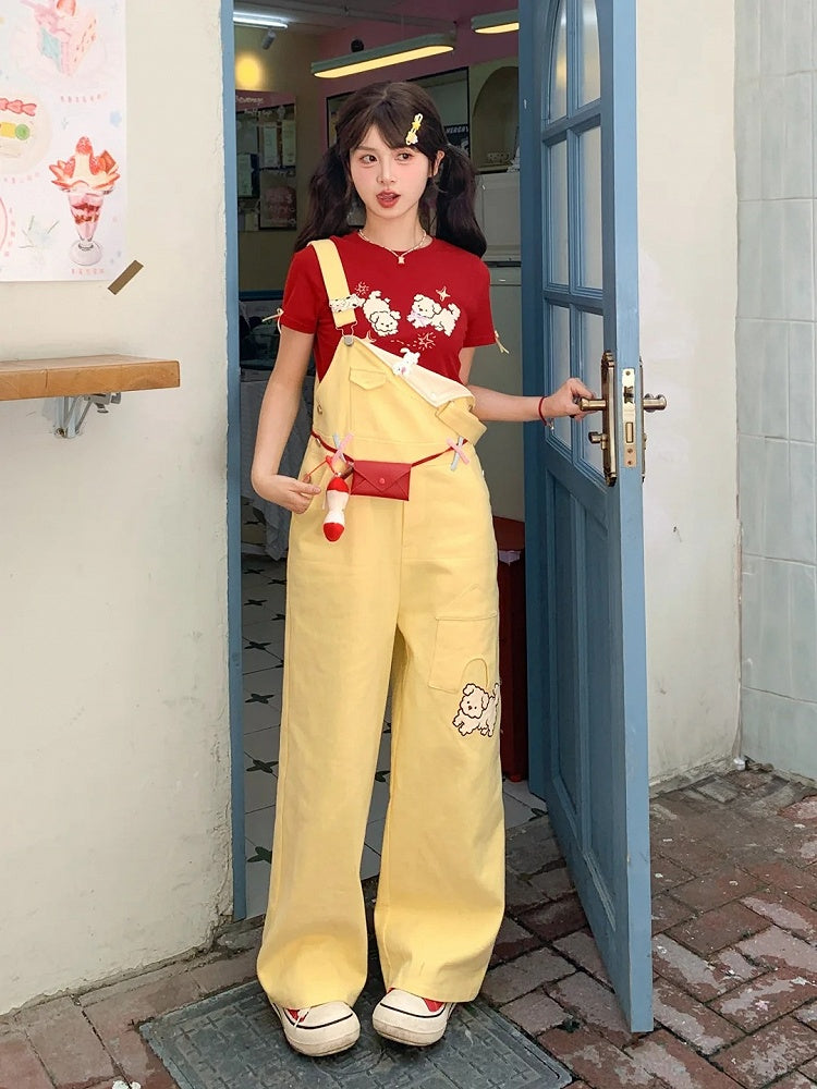 Cut Cartoon Puppy Embroidery Straight-leg Yellow Overall Pants