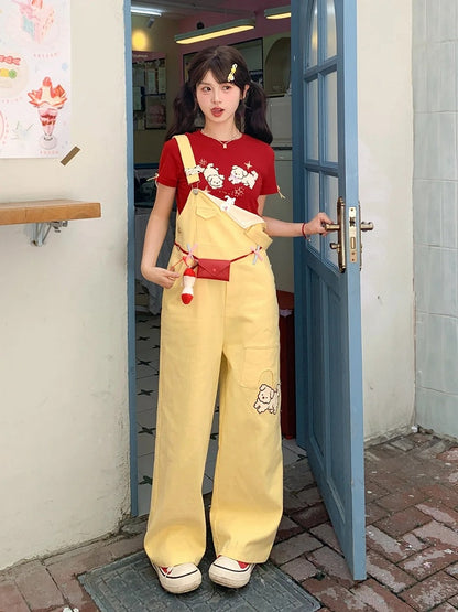 Cut Cartoon Puppy Embroidery Straight-leg Yellow Overall Pants
